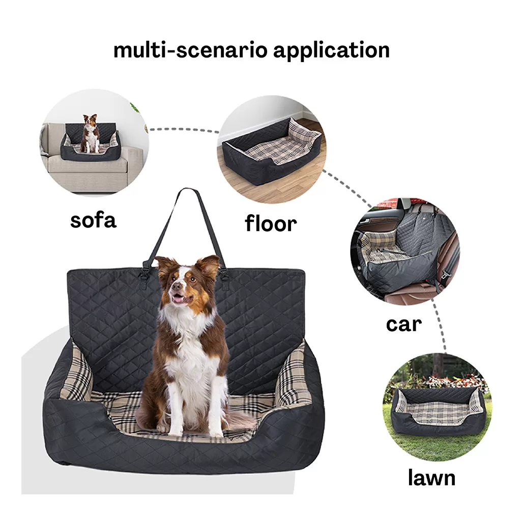 Booster bed for large dogs displayed in various scenarios including a cozy living room, outdoor patio, and a car, showcasing its versatility for home, travel, and relaxing outdoors.